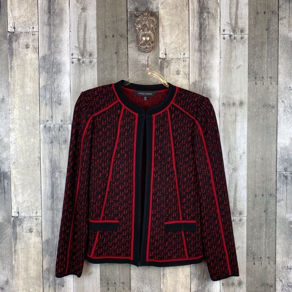 Ming Wang Two Tone Knit Jacket in Black Dusk Red Combo Size Extra Small. - Picture 1 of 9